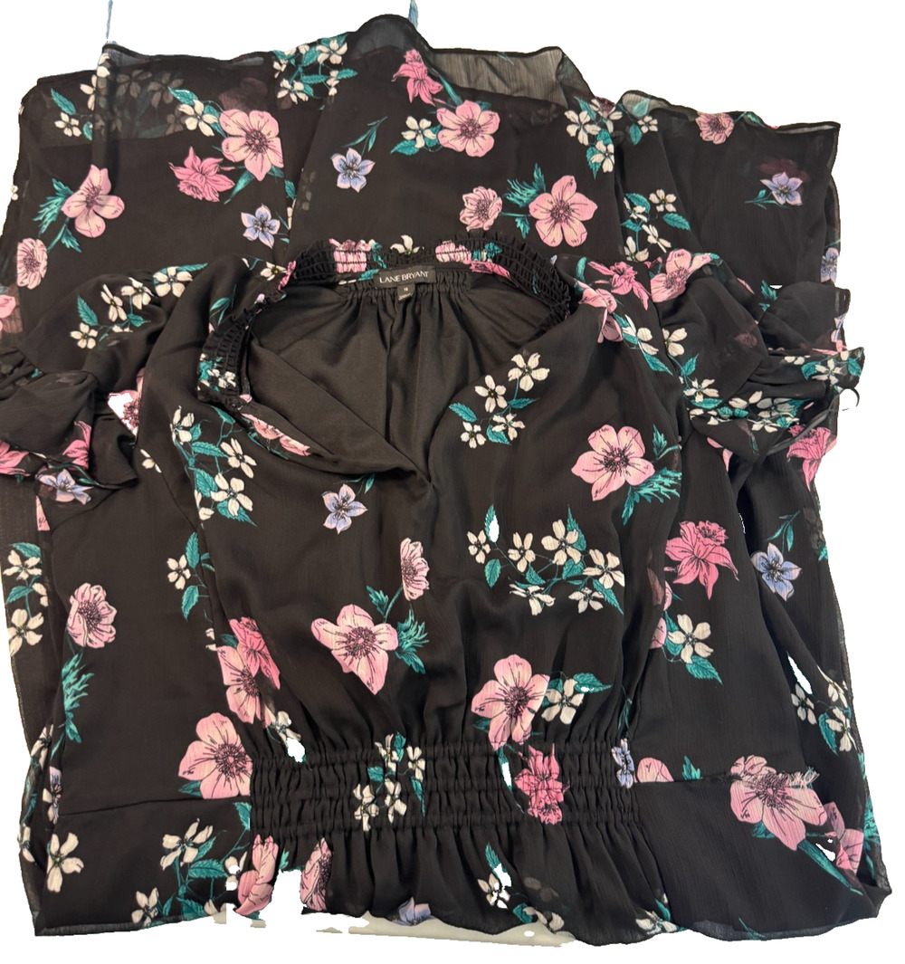 Lane Bryant Women's Floral Cold Shoulder Dress Black‎ Chiffon Peasant Size 16